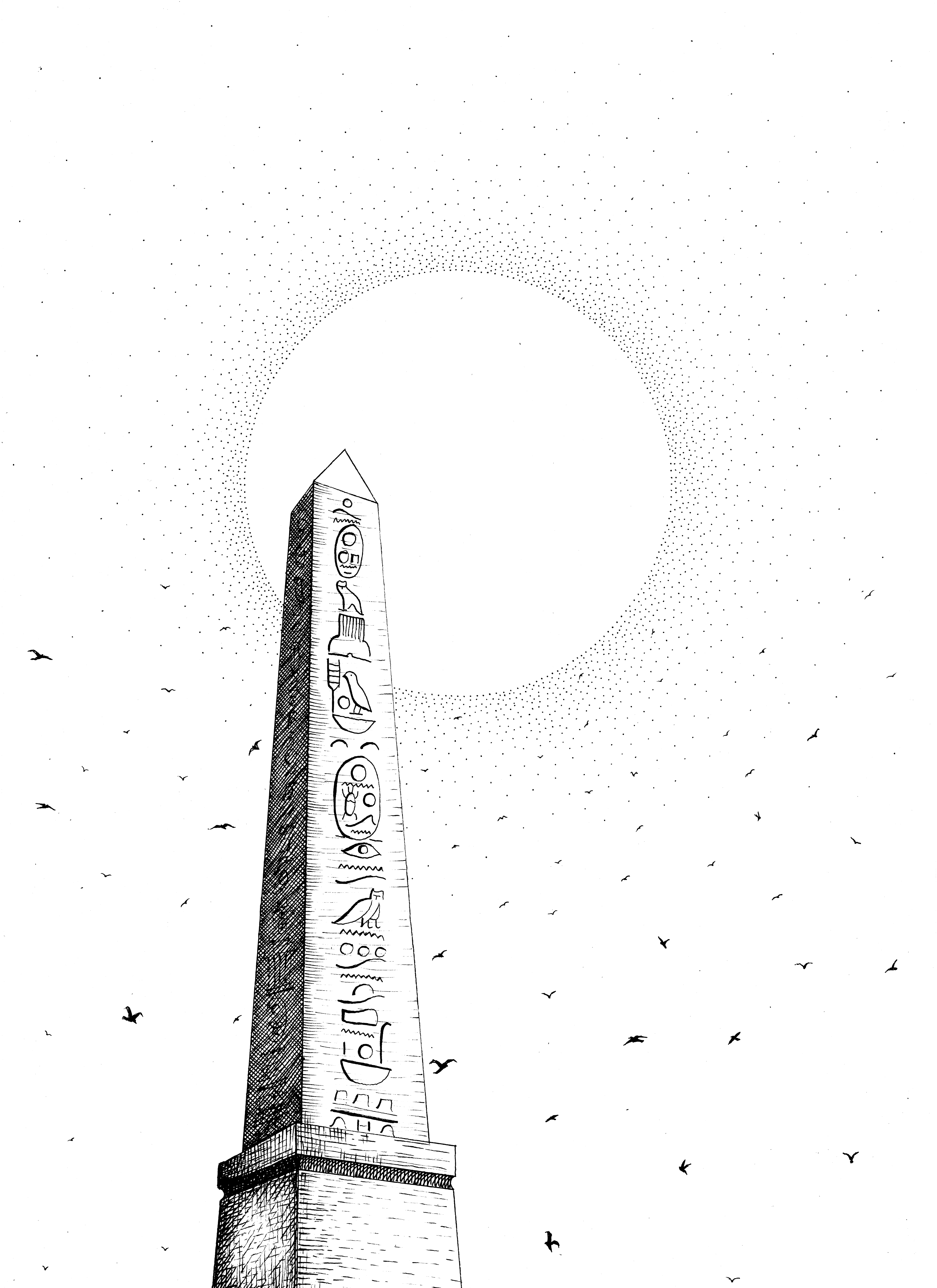Imagen de un obelisco egipcio que proyecta una sombra sobre el suelo que se mueve con la luz del sol